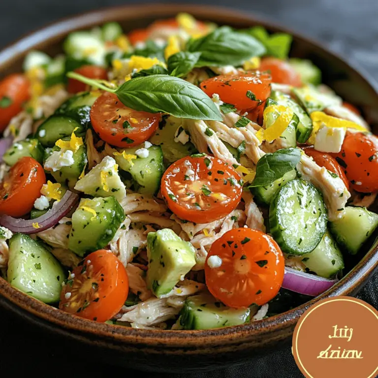 This salad not only tantalizes your taste buds but also packs a nutritional punch. Packed with protein from the chicken, vitamins from the fresh vegetables, and healthy fats from the olive oil, this dish can serve as a satisfying meal without compromising on health. The inclusion of fresh basil contributes antioxidants and anti-inflammatory properties, while the feta cheese adds a boost of calcium. Overall, the Lemon Basil Bliss Chicken Salad is an excellent option for those seeking a balanced diet that doesn’t skimp on flavor.