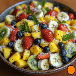 Imagine a medley of colorful fruits, each bite bursting with sweet, tangy, and refreshing flavors, reminiscent of a sun-soaked beach. The Tropical Sunrise Fruit Salad embodies this essence, combining tropical favorites like pineapple and mango with the seasonal sweetness of strawberries and the tartness of kiwi. Each ingredient contributes to a harmonious balance of flavors that dances on your palate.