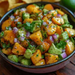What makes this salsa particularly appealing is its balance of both sweet and savory elements. The natural sweetness of ripe peaches harmonizes beautifully with the rich creaminess of avocados, creating a dish that is as pleasing to the palate as it is to the eye. The addition of red onion adds a delightful crunch, while jalapeño introduces a subtle kick, making every bite an exciting experience. This salsa is perfect for scooping with tortilla chips, topping grilled chicken or fish, or even dressing up a fresh salad.
