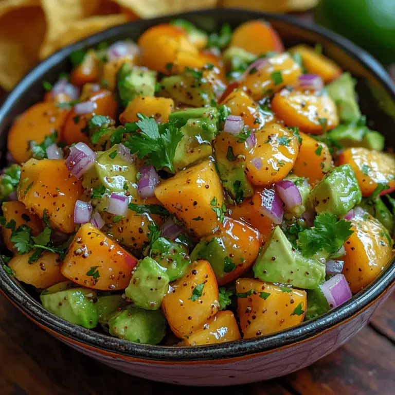 What makes this salsa particularly appealing is its balance of both sweet and savory elements. The natural sweetness of ripe peaches harmonizes beautifully with the rich creaminess of avocados, creating a dish that is as pleasing to the palate as it is to the eye. The addition of red onion adds a delightful crunch, while jalapeño introduces a subtle kick, making every bite an exciting experience. This salsa is perfect for scooping with tortilla chips, topping grilled chicken or fish, or even dressing up a fresh salad.