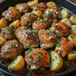 Garlic Butter Chicken and Potatoes Skillet is a delightful and comforting dish that combines the rich flavors of garlic and butter with tender chicken and crispy baby potatoes. This one-pan meal is perfect for busy weeknights, as it requires minimal preparation and cooking time while delivering a satisfying and hearty experience for the whole family. The aromatic blend of garlic and butter creates a luscious sauce that coats the chicken and potatoes, making each bite burst with flavor.