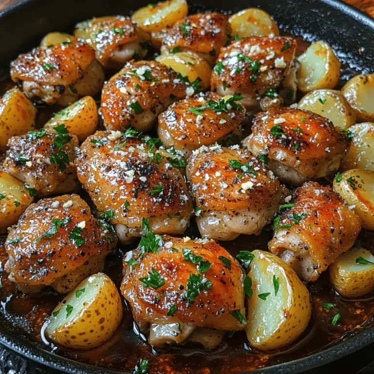Garlic Butter Chicken and Potatoes Skillet is a delightful and comforting dish that combines the rich flavors of garlic and butter with tender chicken and crispy baby potatoes. This one-pan meal is perfect for busy weeknights, as it requires minimal preparation and cooking time while delivering a satisfying and hearty experience for the whole family. The aromatic blend of garlic and butter creates a luscious sauce that coats the chicken and potatoes, making each bite burst with flavor.