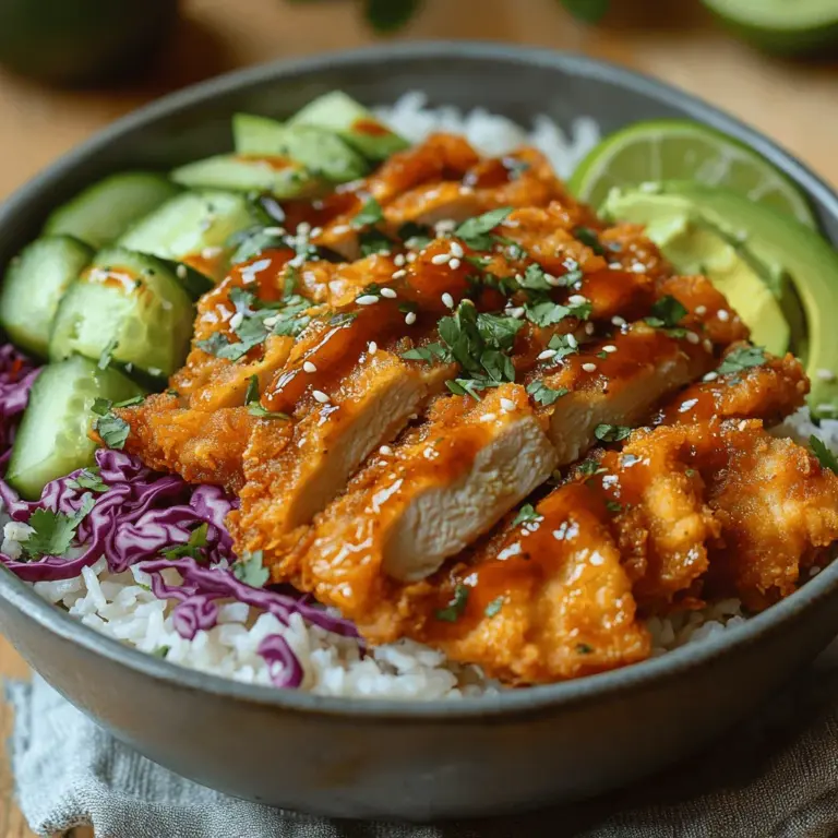 The Spicy & Sweet Bang Bang Chicken Bowl is a modern culinary creation that has captured the hearts and palates of food enthusiasts around the globe. This dish combines the savory richness of perfectly cooked chicken thighs with the delightful tang of a signature Bang Bang sauce, resulting in a bowl that’s as visually appealing as it is delicious. The harmony of flavors and textures makes each bite an exhilarating experience, from the crunch of the crispy chicken to the creamy, spicy sauce that envelops it.