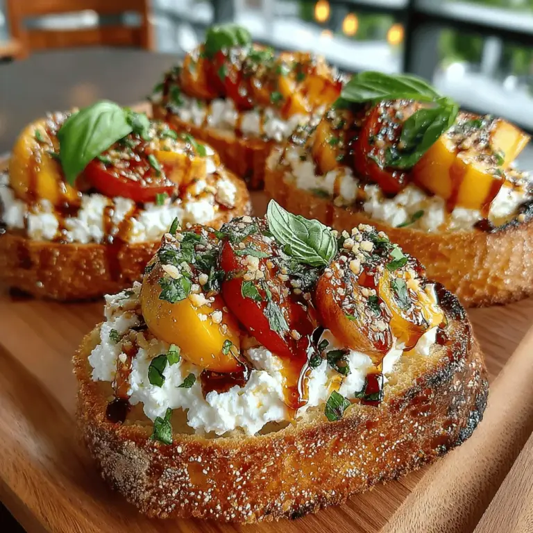Bruschetta has long been celebrated as a quintessential Italian appetizer, known for its simplicity and ability to showcase fresh ingredients. Traditionally, this dish consists of grilled or toasted bread topped with a variety of flavorful toppings, making it a beloved choice at gatherings and restaurants alike. Among the myriad of topping combinations, Peach & Ricotta Bruschetta Toast stands out for its delightful contrast of flavors and textures. Picture a slice of crispy, golden-brown bread, generously slathered with creamy ricotta cheese, layered with juicy, ripe peaches, and finished with fragrant basil. This dish is not just an appetizer; it’s a vibrant celebration of summer.