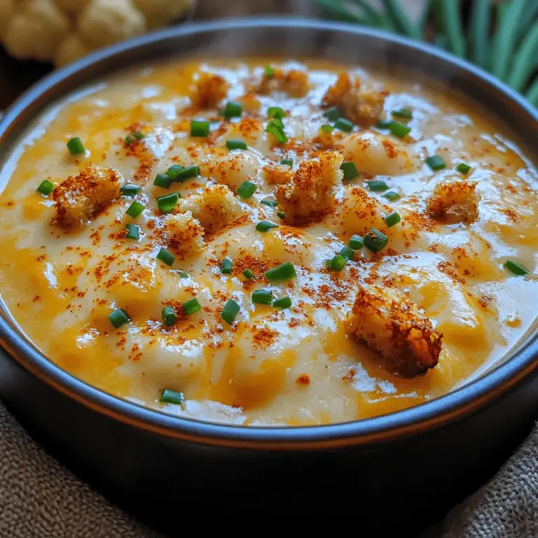 In the world of comfort food, few dishes can evoke feelings of warmth and contentment quite like a bowl of creamy soup. Among the myriad of soup recipes, Cheesy Cauliflower Bliss Soup holds a special place for its rich, indulgent flavor and impressive nutritional profile. This delightful dish showcases cauliflower, a versatile vegetable celebrated for its low-calorie count and high vitamin content. Ideal for chilly days or as a hearty starter, this soup masterfully combines the savory goodness of sharp cheddar cheese with the wholesome flavors of garlic and onion, creating a symphony of taste that comforts the soul.