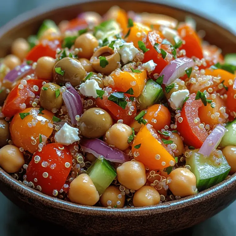 The Mediterranean Quinoa Chickpea Salad is a delightful fusion of fresh ingredients that embodies the vibrant flavors of the Mediterranean region. With its colorful presentation and a medley of tastes, this salad is not just a feast for the eyes but also a nourishing option that appeals to health-conscious individuals. The combination of protein-rich quinoa and chickpeas, alongside a variety of fresh vegetables, makes this dish a powerhouse of nutrients. Whether you're seeking a light lunch, a side dish for dinner, or a convenient meal prep option for the week, this salad fits the bill perfectly.