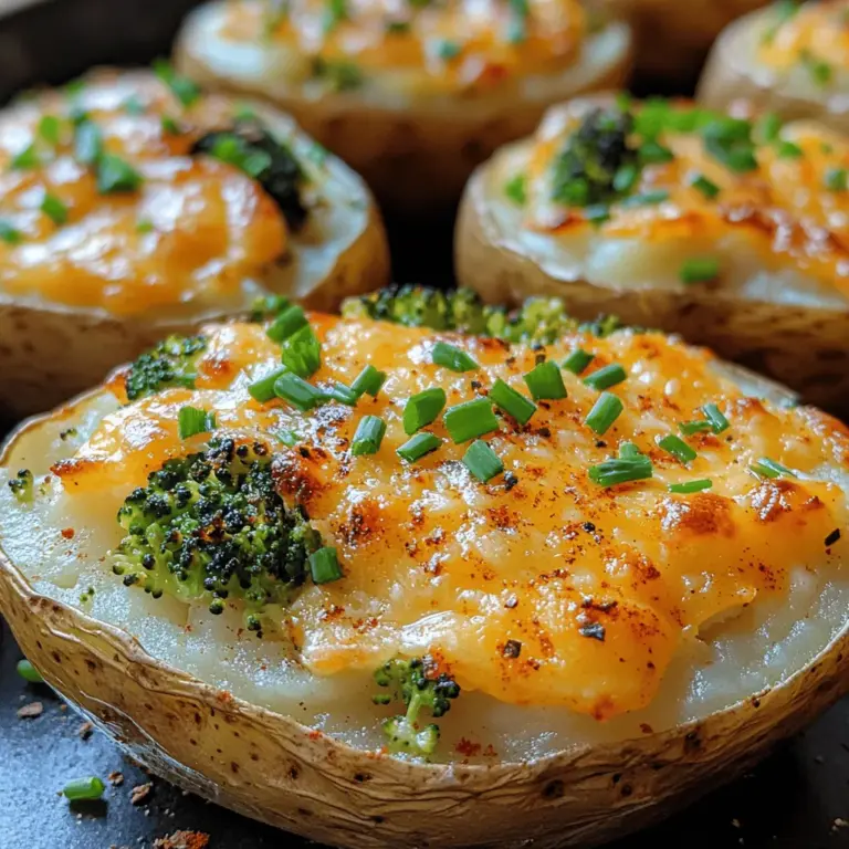 Cheesy Roasted Broccoli Twice-Baked Potatoes are a culinary delight that seamlessly blends comfort food with gourmet flair. This recipe transforms the classic baked potato into a decadent dish, showcasing the rich flavors of cheddar cheese and cream cheese, complemented by the nutritious crunch of roasted broccoli. It’s a dish that not only serves as a satisfying main course but also makes for an impressive side dish at any gathering. Whether you're hosting a dinner party or simply looking for a hearty family meal, these twice-baked potatoes promise to be a crowd-pleaser, offering both taste and nutrition in every bite.