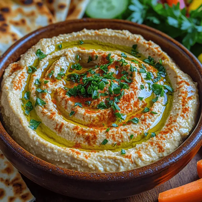 Hummus, a staple of Middle Eastern cuisine, has transcended its cultural boundaries to become a beloved dish enjoyed worldwide. This creamy roasted garlic hummus elevates the traditional chickpea dip, infusing it with the deep, aromatic flavor of roasted garlic. With its smooth texture and rich taste, it makes for a perfect appetizer, spread, or snack, appealing to both vegans and non-vegans alike. Hummus is not only a delicious addition to daily meals but also a highlight at special occasions, gatherings, and parties, where it serves as a communal dish that encourages sharing and connection.