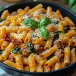 Explore the delightful flavors of Italian cuisine with our Savory Italian Sausage Pasta Skillet with Spinach & Sun-Dried Tomatoes. This one-pan dish is a celebration of rich, hearty ingredients that come together to create a satisfying meal, perfect for weeknight dinners or special gatherings alike. The star of this dish is undoubtedly the Italian sausage, which infuses the pasta with robust flavors, while the fresh spinach adds a vibrant color and essential nutrients. To elevate the dish even further, sun-dried tomatoes contribute a tangy sweetness that perfectly balances the savory elements, making every bite an explosion of flavor.