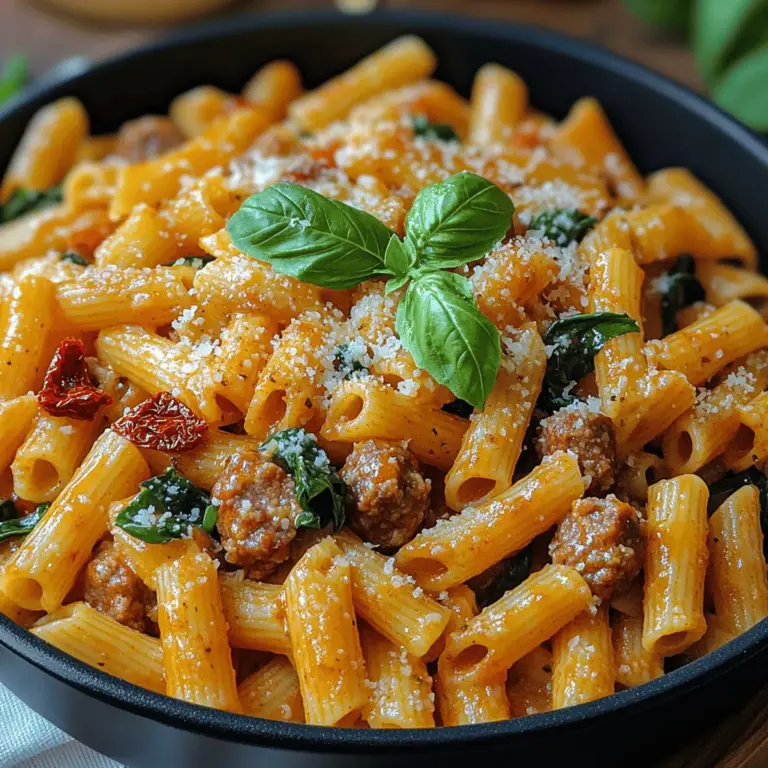 Explore the delightful flavors of Italian cuisine with our Savory Italian Sausage Pasta Skillet with Spinach & Sun-Dried Tomatoes. This one-pan dish is a celebration of rich, hearty ingredients that come together to create a satisfying meal, perfect for weeknight dinners or special gatherings alike. The star of this dish is undoubtedly the Italian sausage, which infuses the pasta with robust flavors, while the fresh spinach adds a vibrant color and essential nutrients. To elevate the dish even further, sun-dried tomatoes contribute a tangy sweetness that perfectly balances the savory elements, making every bite an explosion of flavor.