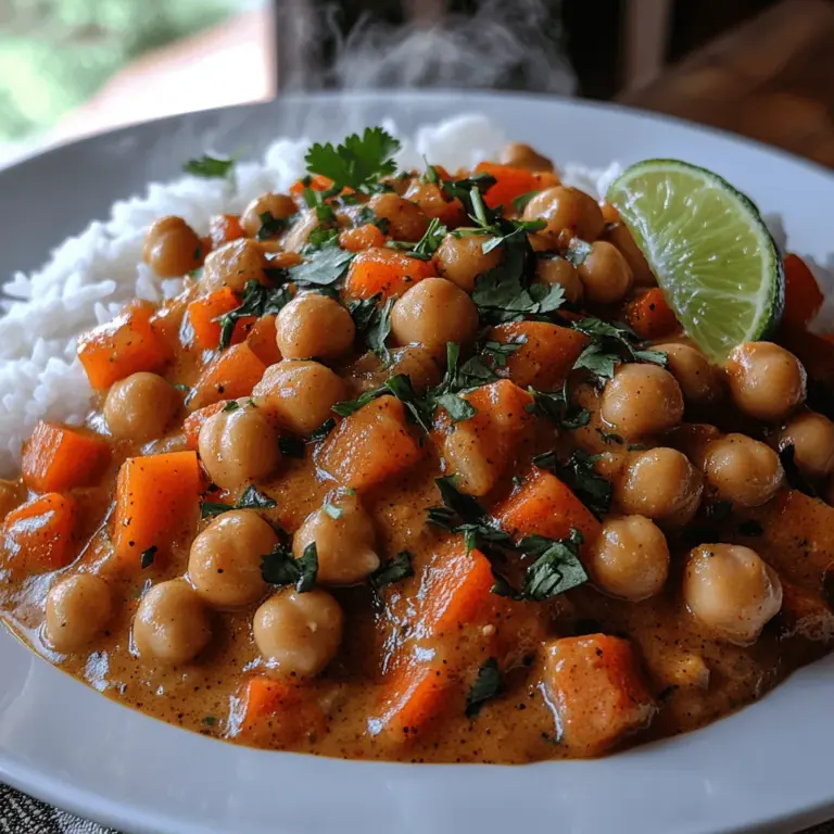 To create the heart of your Chickpea Bliss: Creamy Veggie Curry, it’s time to incorporate the star ingredients—cooked chickpeas and rich coconut milk. Begin by adding the drained and rinsed chickpeas to your simmering vegetable mixture. The chickpeas not only provide a wonderful texture but also a protein boost that makes this dish satisfying and filling. Stir gently to combine, ensuring the chickpeas are evenly distributed throughout the curry.