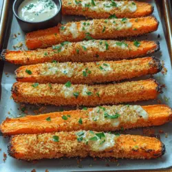 The secret to achieving the perfect crispy texture lies in the coating mix of Parmesan cheese, panko breadcrumbs, and a blend of spices. Each component plays a vital role in enhancing the flavor and the crunch of the carrot fries.