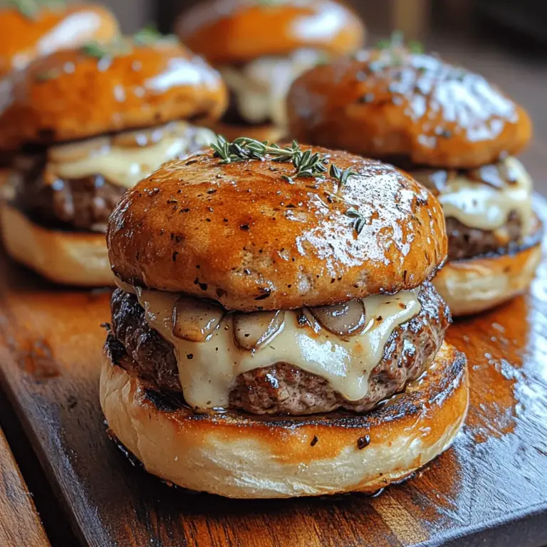 Mushroom Swiss Bliss Sliders are an irresistible fusion of gourmet flavors and comfort food, packed into a perfectly sized bun. These slider-sized burgers feature juicy, sautéed mushrooms, creamy Swiss cheese, and savory seasonings, all layered atop a soft, fluffy bun. Ideal for parties, casual gatherings, or a satisfying weeknight meal, this recipe is a crowd-pleaser that showcases the rich umami flavor of mushrooms while keeping things light and enjoyable.