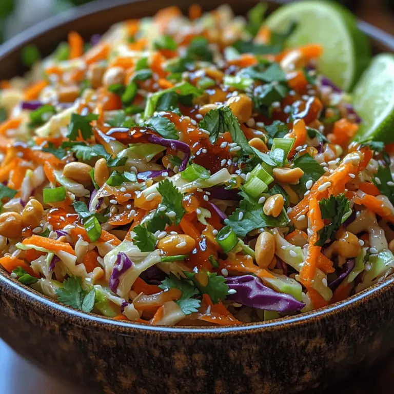 When preparing your Crunchy Cabbage Peanut Slaw, there are several visual cues that will help ensure your dish turns out perfectly. First, pay attention to the color and texture of your fresh ingredients. The cabbage should be vibrant and crisp, with no discoloration or wilting. Look for heads of cabbage that are tightly packed; this indicates freshness. Similarly, the carrots should be firm and bright orange, signaling that they are fresh and full of nutrients.