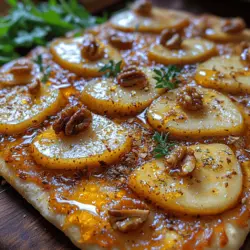 Baked Brie & Caramelized Pear Flatbread is a delightful culinary creation that marries the rich, creamy texture of Brie cheese with the sweet, succulent flavors of caramelized pears. This dish is not only a feast for the palate but also a visually stunning centerpiece that can elevate any occasion, whether you’re hosting a casual gathering or an elegant dinner party. The combination of the warm, melted Brie, sweet pears, and fragrant thyme creates a harmonious blend of flavors that cheese lovers and fruit enthusiasts alike will adore.