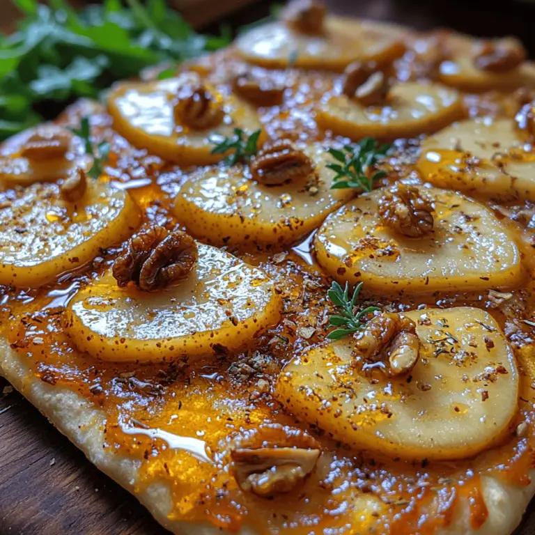 Baked Brie & Caramelized Pear Flatbread is a delightful culinary creation that marries the rich, creamy texture of Brie cheese with the sweet, succulent flavors of caramelized pears. This dish is not only a feast for the palate but also a visually stunning centerpiece that can elevate any occasion, whether you’re hosting a casual gathering or an elegant dinner party. The combination of the warm, melted Brie, sweet pears, and fragrant thyme creates a harmonious blend of flavors that cheese lovers and fruit enthusiasts alike will adore.