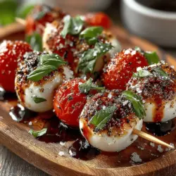 Mini Caprese Salad Skewers are more than just a simple appetizer; they are a vibrant celebration of fresh ingredients that come together to create a dish that is as pleasing to the palate as it is to the eye. With their combination of juicy cherry tomatoes, creamy mozzarella balls, and fragrant basil leaves, these skewers capture the essence of summer in every bite. Drizzled with balsamic glaze and olive oil, they offer a delightful contrast of flavors and textures that make them perfect for any occasion—be it a cocktail party, family gathering, or a casual get-together with friends.