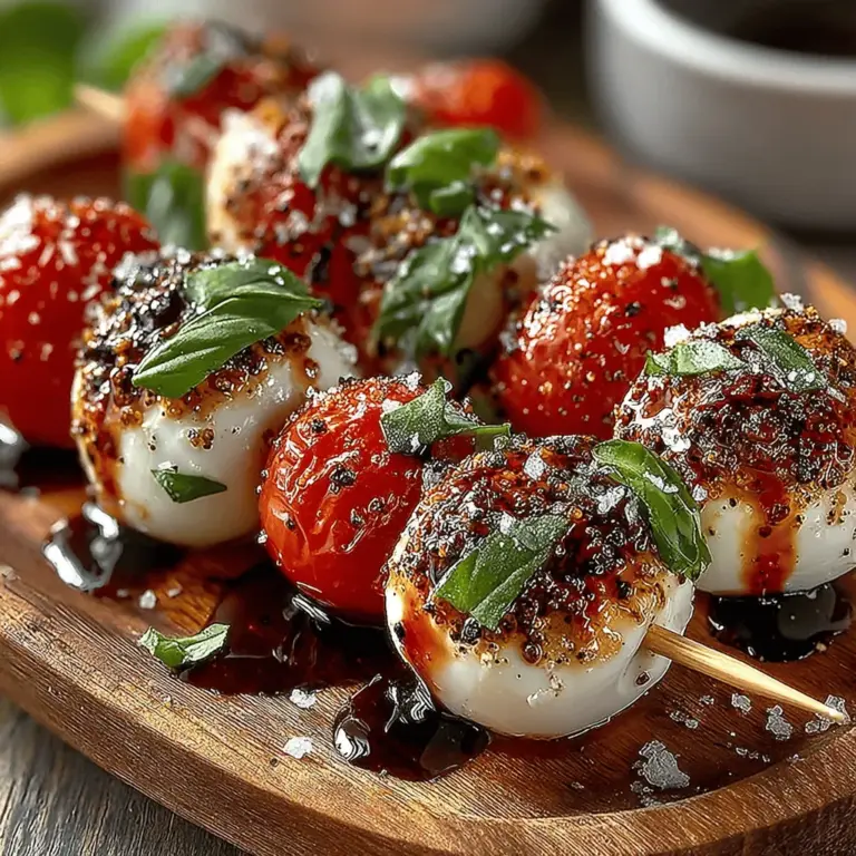 Mini Caprese Salad Skewers are more than just a simple appetizer; they are a vibrant celebration of fresh ingredients that come together to create a dish that is as pleasing to the palate as it is to the eye. With their combination of juicy cherry tomatoes, creamy mozzarella balls, and fragrant basil leaves, these skewers capture the essence of summer in every bite. Drizzled with balsamic glaze and olive oil, they offer a delightful contrast of flavors and textures that make them perfect for any occasion—be it a cocktail party, family gathering, or a casual get-together with friends.
