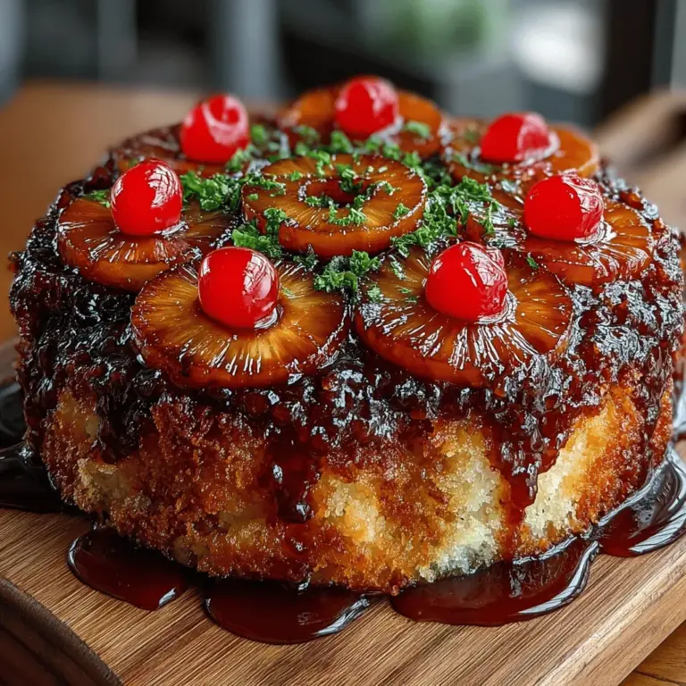 Pineapple upside down cake is a beloved dessert that brings a touch of nostalgia and tropical flair to any occasion. Its origins can be traced back to the early 20th century, when canned pineapple became widely available and the recipe gained immense popularity. Today, the Tropical Bliss Pineapple Upside Down Cake stands out not only as a delicious treat but also as a stunning centerpiece for any gathering. With its vibrant arrangement of juicy pineapple slices and bright red cherries resting atop a moist, buttery cake, it's easy to see why this dessert has captured the hearts of many.